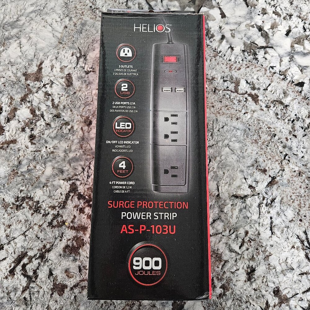 BRAND NEW HELIOS 3 OUTLET SURGE PROTECTOR WITH 2 USB PORTS IN BLACK, #AS-P-103U